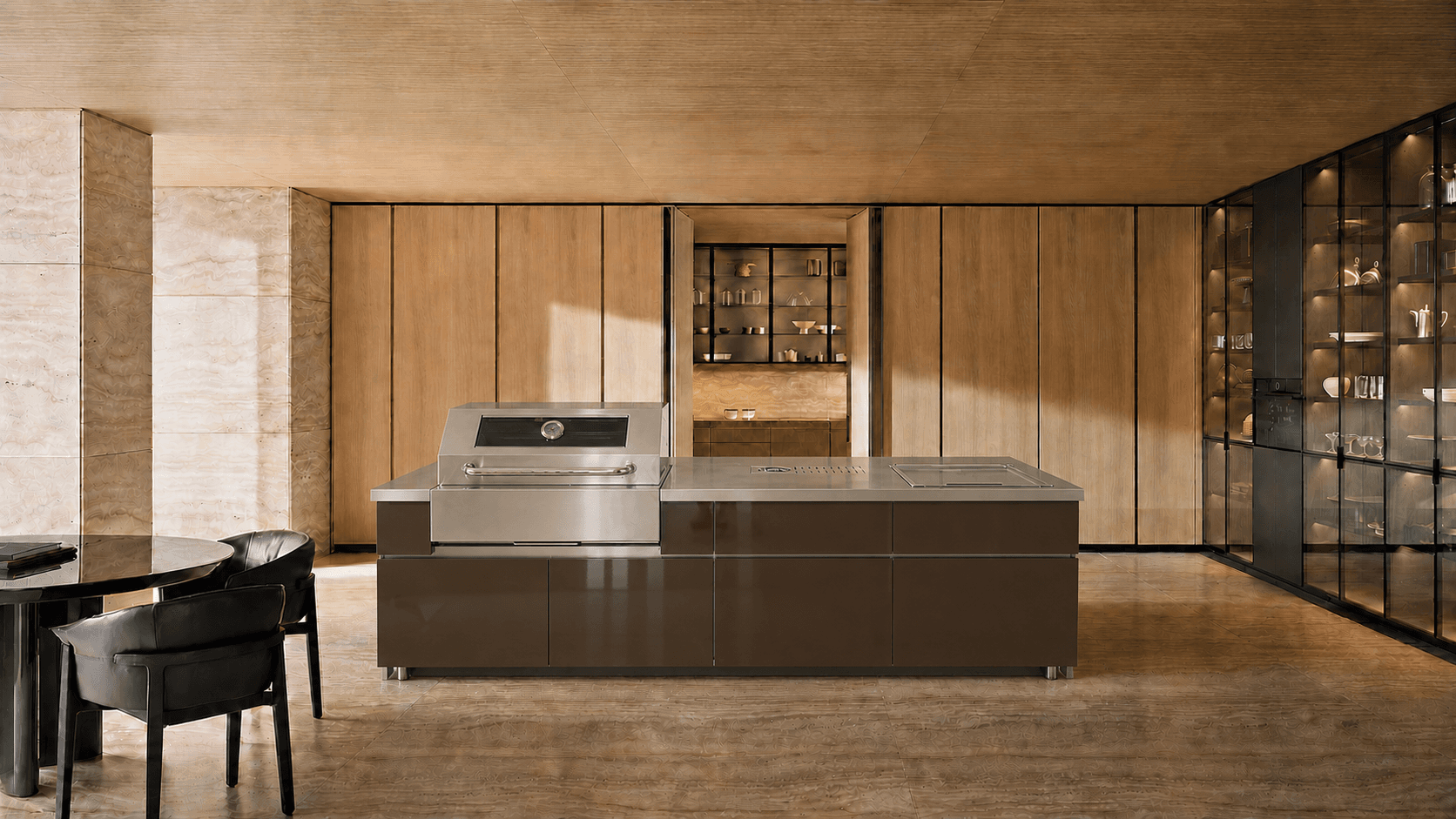 Luxury cabinet island with integrated stainless steel cooking modules